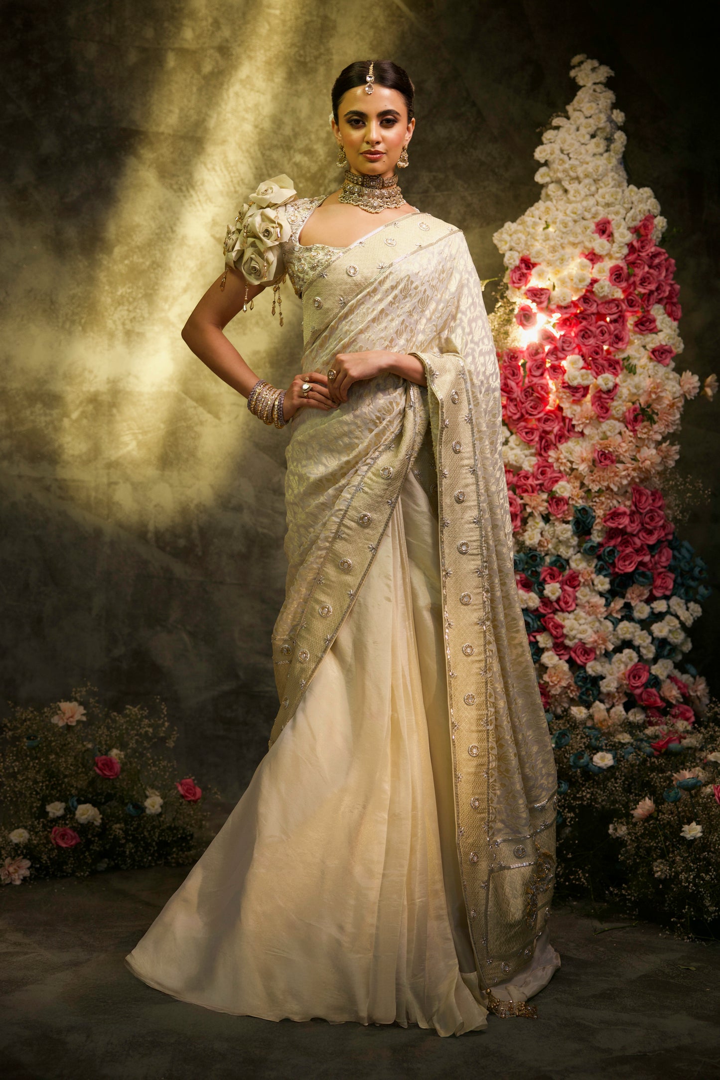 Champagne Rose Tissue Silk Embroidered Saree Lehenga