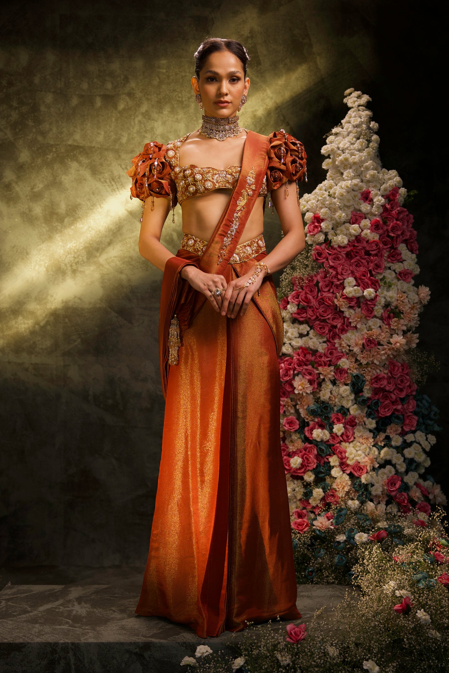Mocha Rose Embroidered Tissue Silk Pre-Stitched Saree