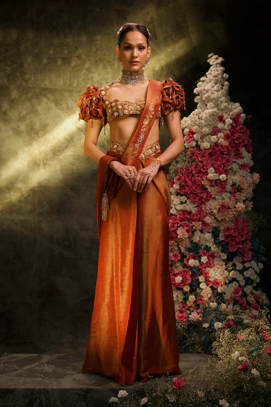 Mocha Rose Embroidered Tissue Silk Pre-Stitched Saree