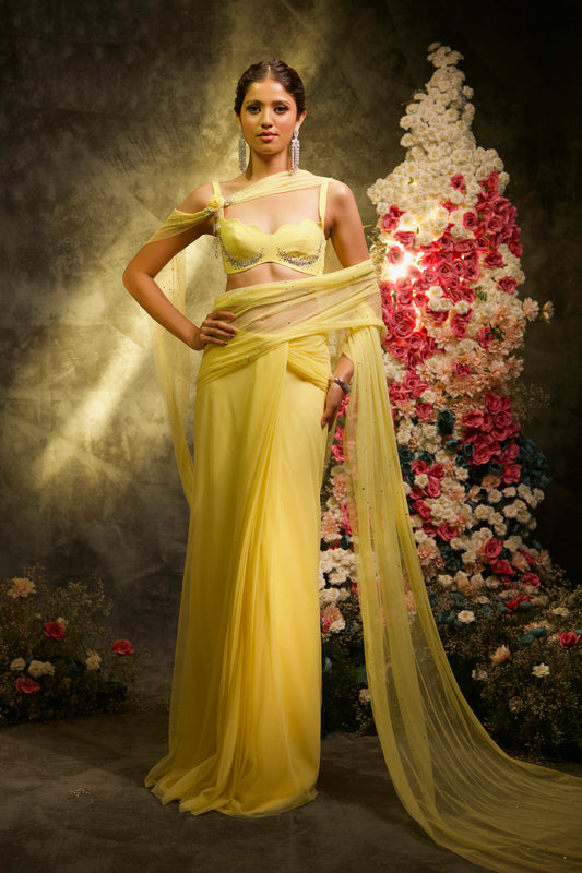 Butter Yellow Rhinestone Saree Set