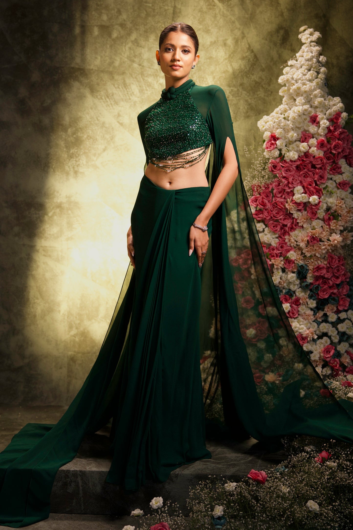 Emerald Green Mirrorwork Halter Cape Saree Set