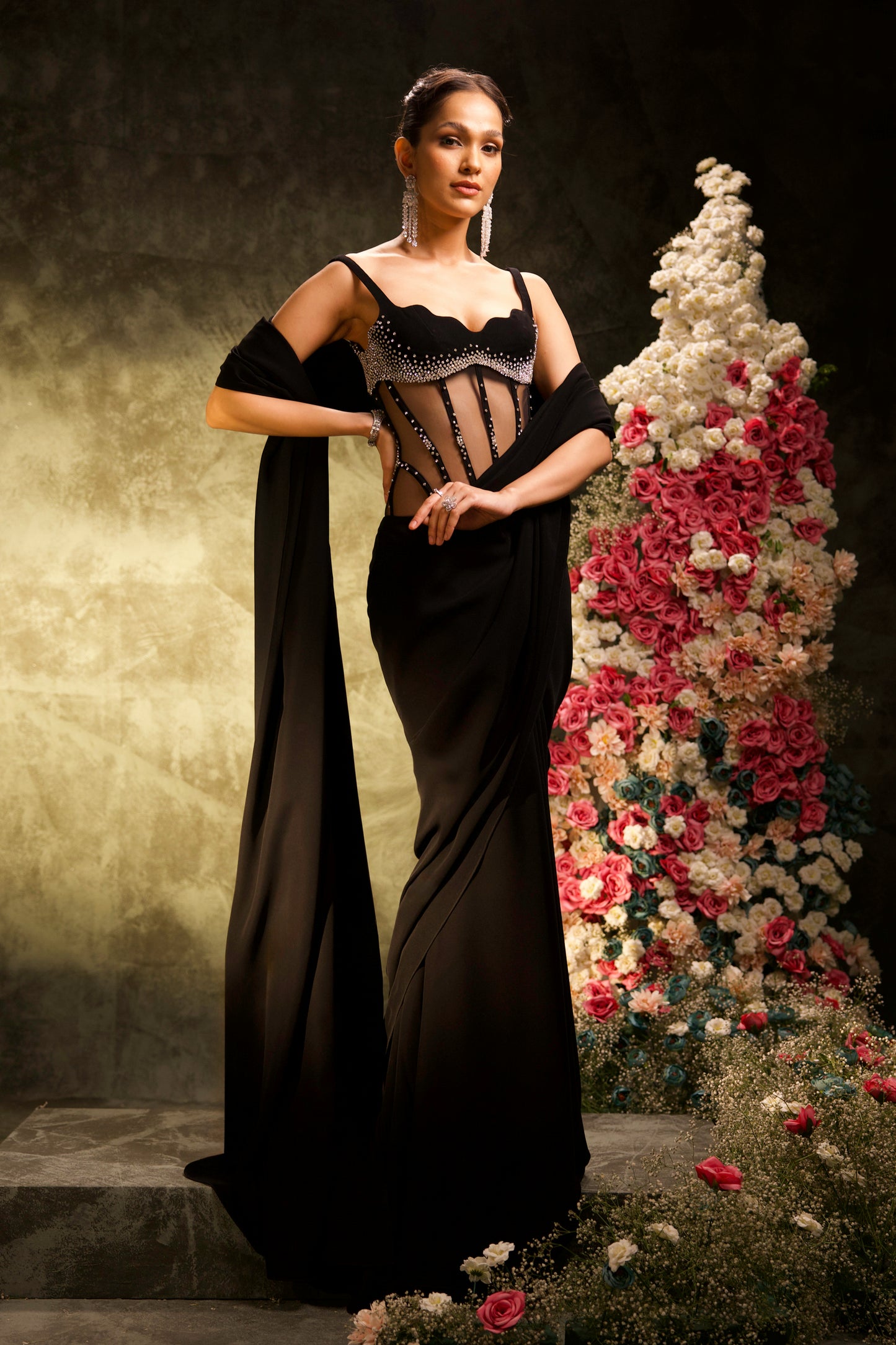 Black Corset Blouse with Pre-Stitched Saree