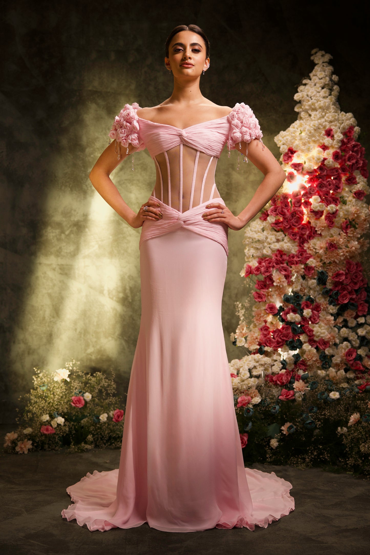 Baby Pink Draped Corset with Rose Sleeve Skirt Set