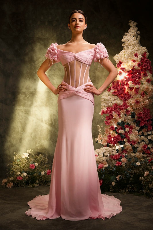 Baby Pink Draped Corset with Rose Sleeve Skirt Set