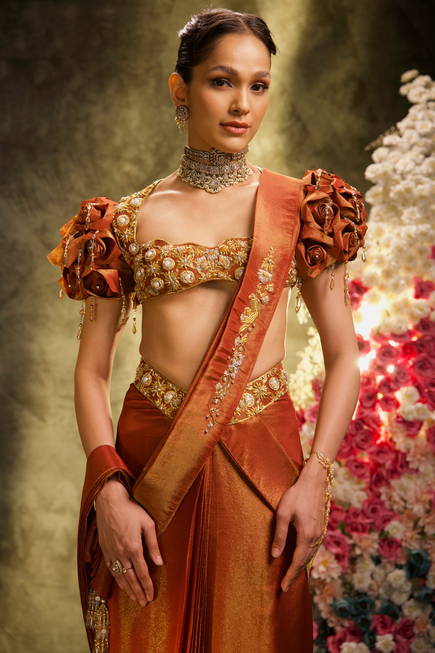 Mocha Rose Embroidered Tissue Silk Pre-Stitched Saree