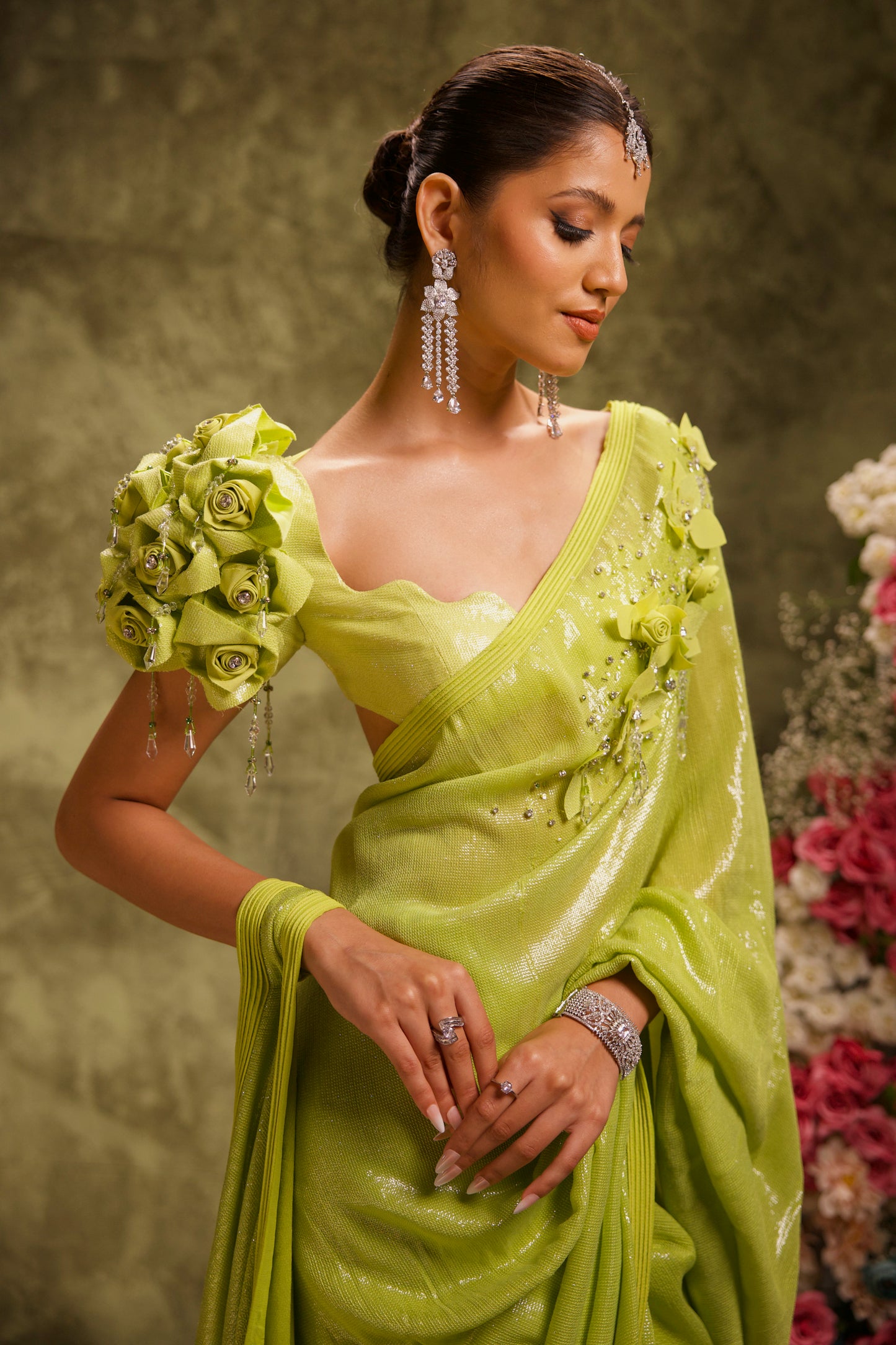 Lime Green Sequin Saree with Rose Puff-Sleeve Blouse
