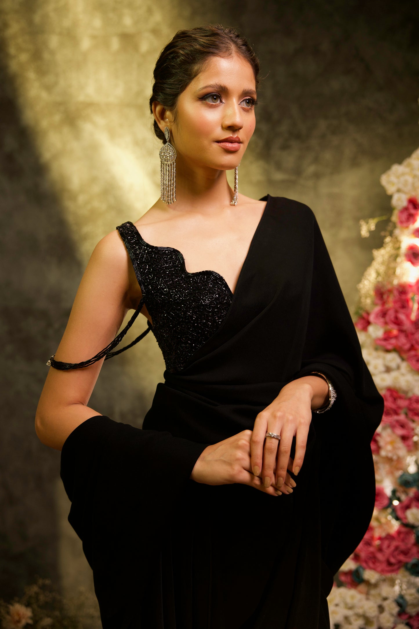 Black Deep-Neck Embroidered Blouse with Pre-Stitched Saree