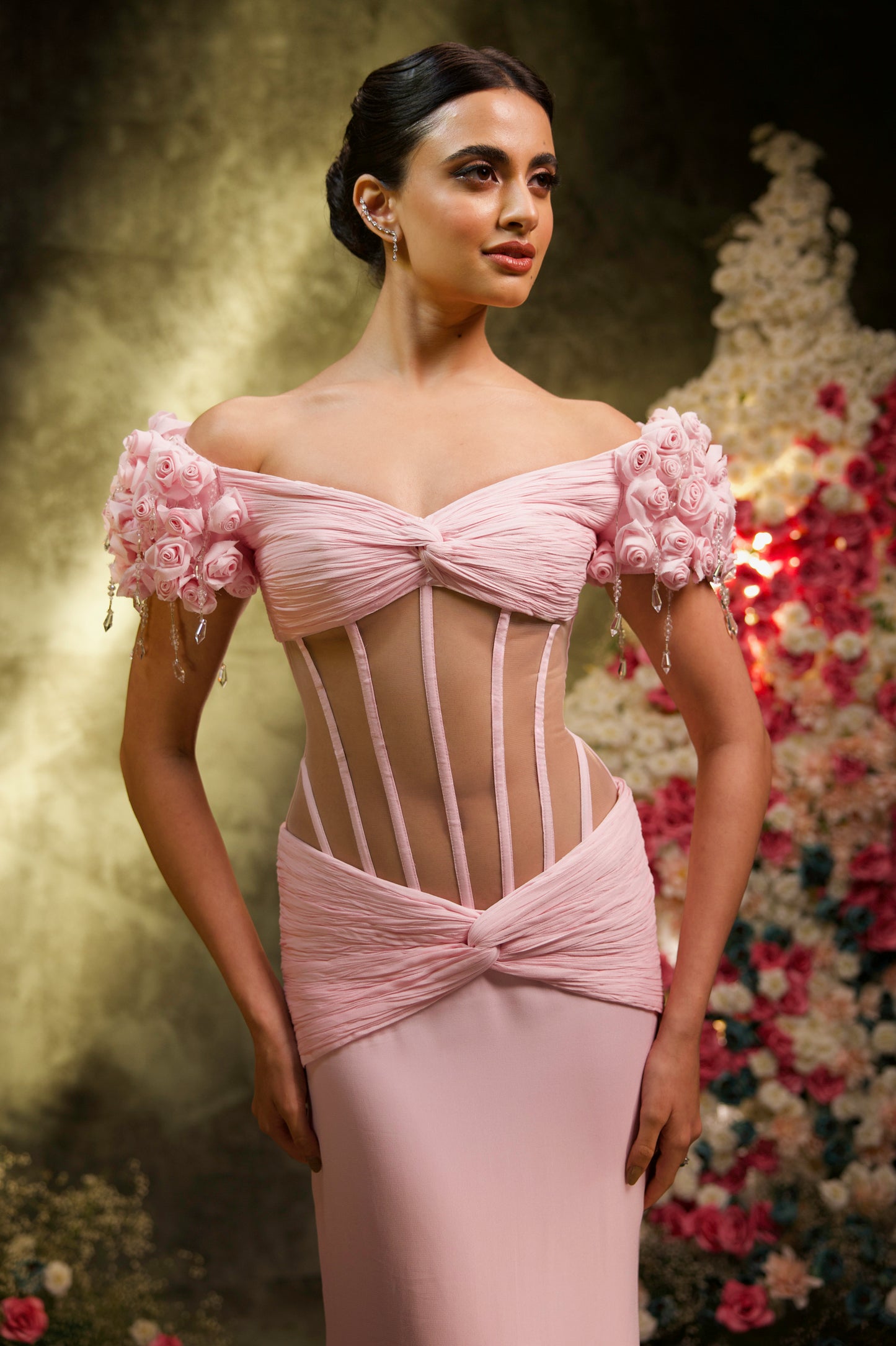 Baby Pink Draped Corset with Rose Sleeve Skirt Set
