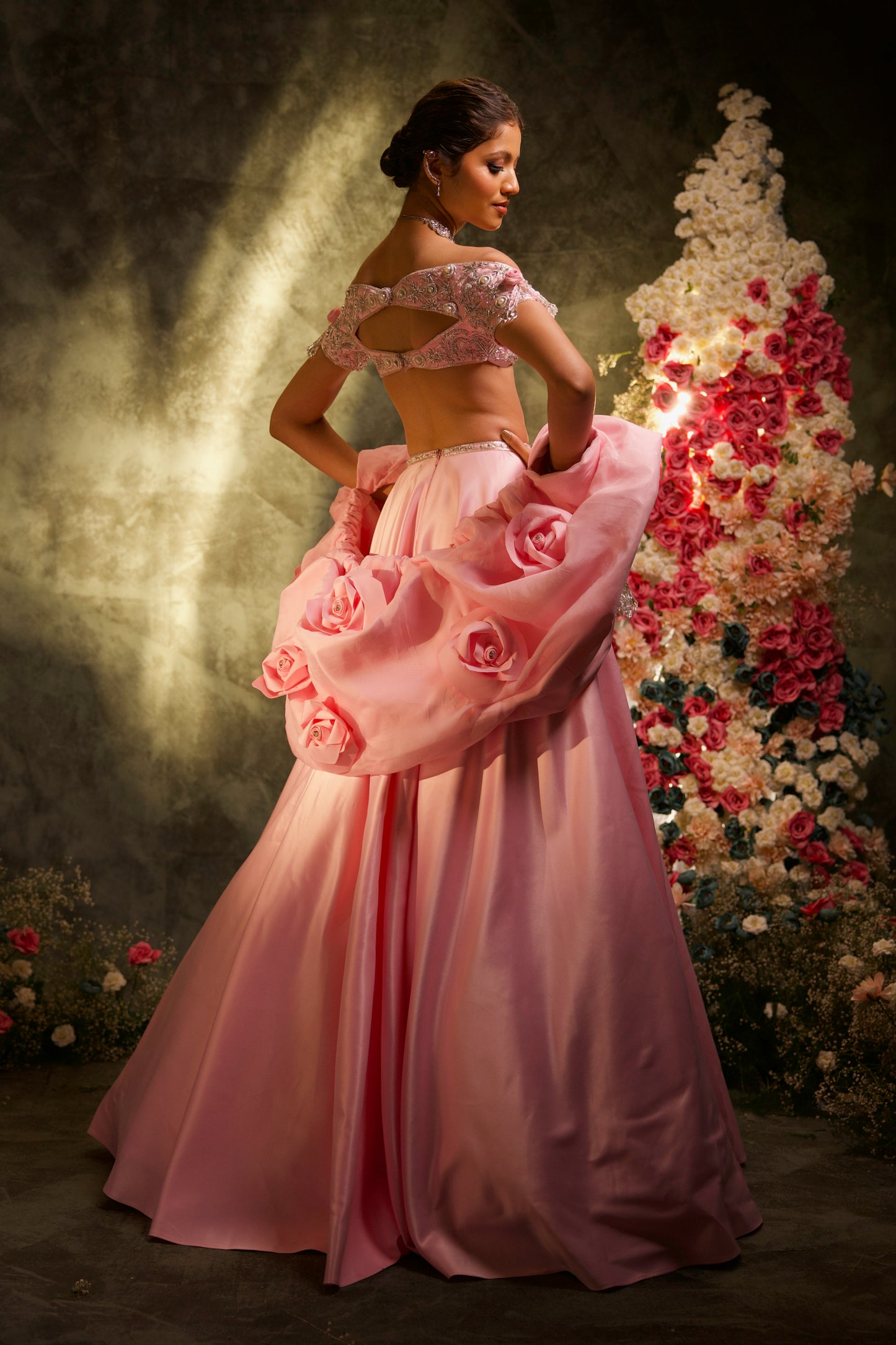 Baby Pink Satin Lehenga & Embroidered Blouse with Cloud Dupatta