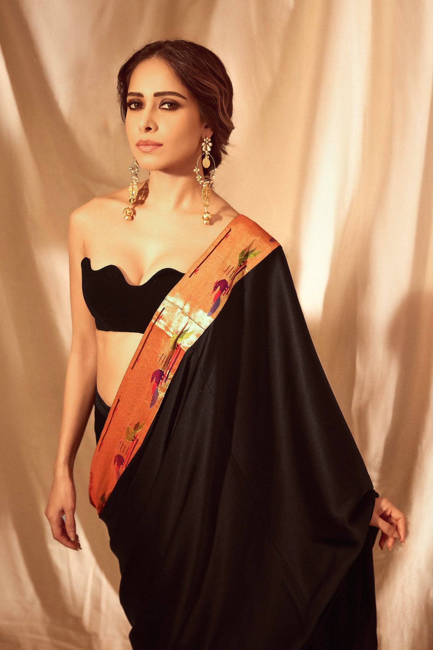 NUSHRRATT BHARUCCHA IN PAITHANI BLACK SATIN SILK PRE-STITCHED SAREE