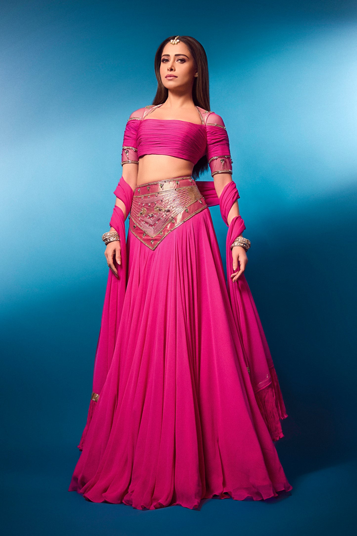 Nushrratt Bharuccha in our Hot Pink Paithani Lehenga