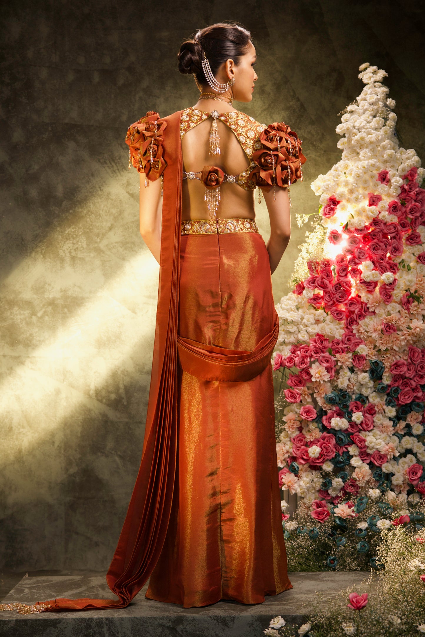 Mocha Rose Embroidered Tissue Silk Pre-Stitched Saree