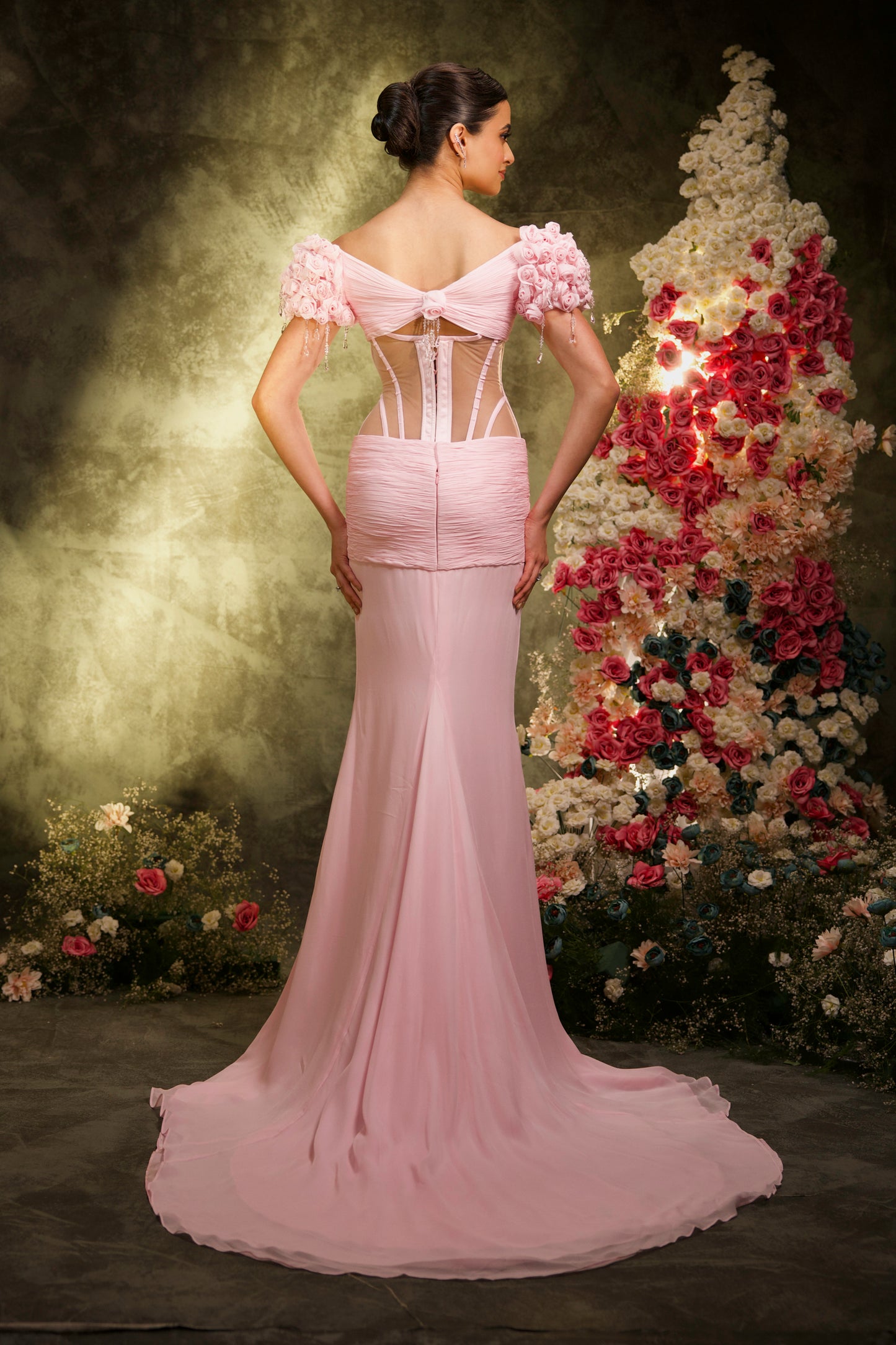 Baby Pink Draped Corset with Rose Sleeve Skirt Set