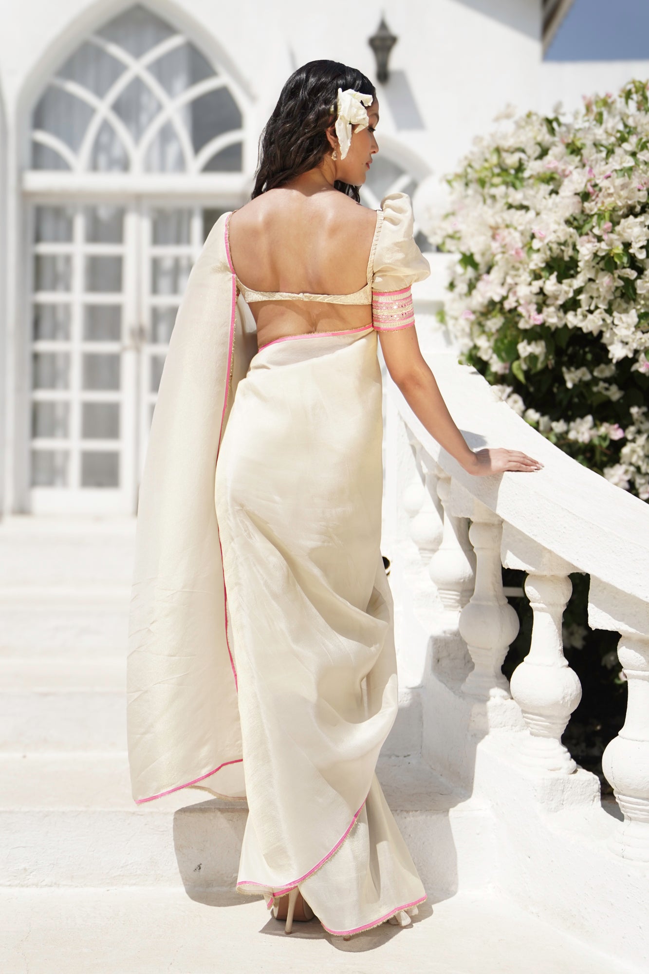 Jaipuria Beige Tissue Silk Saree