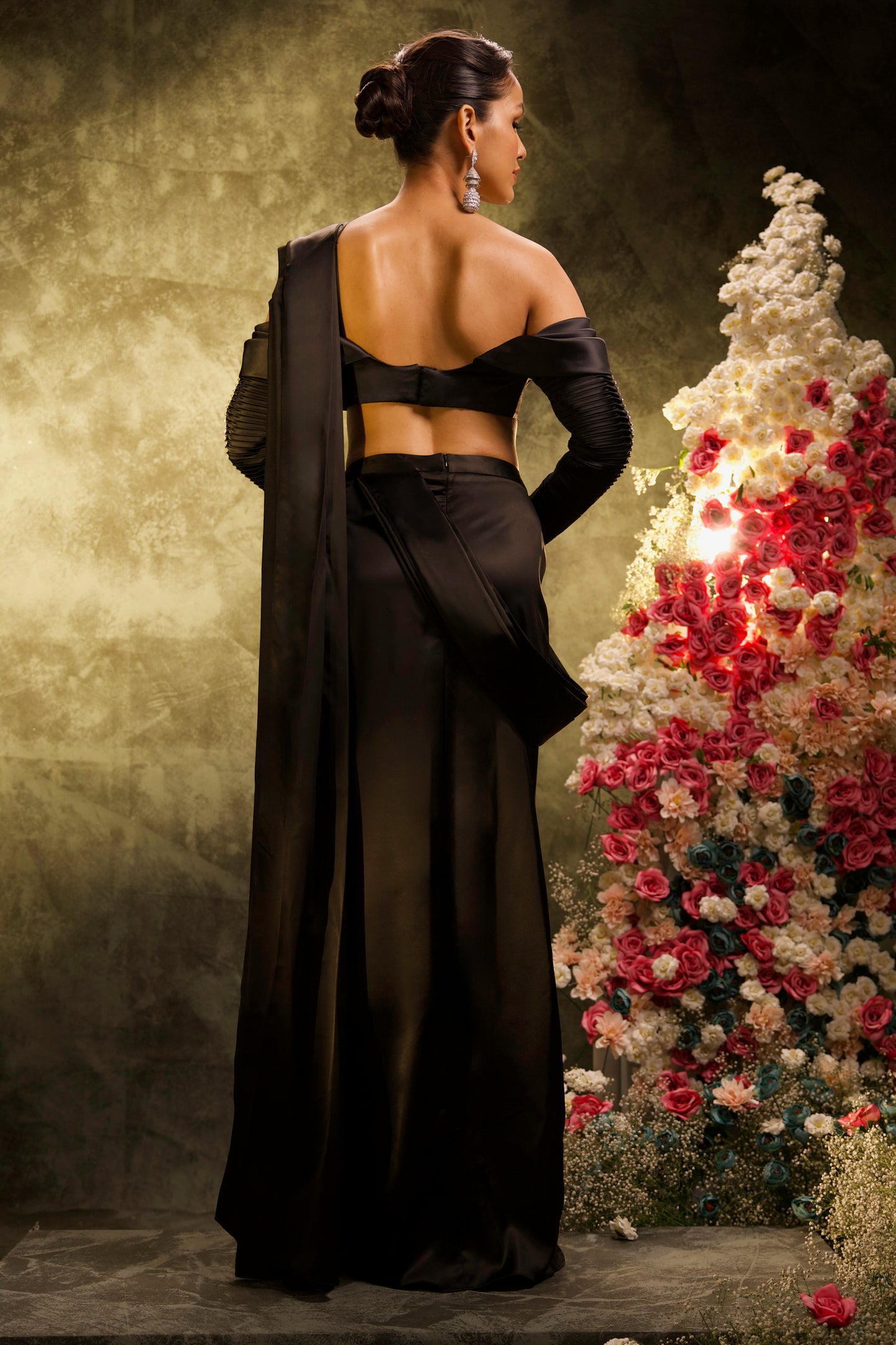 Black Satin Pleated Sleeve Pre-Stitched Saree Set