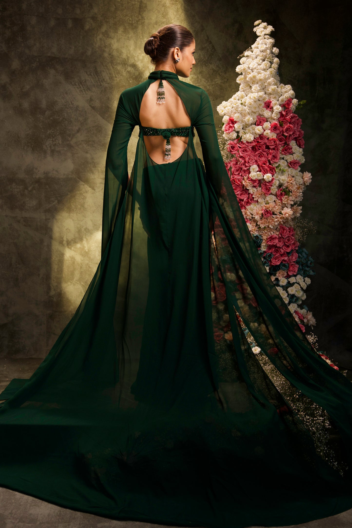 Emerald Green Mirrorwork Halter Cape Saree Set