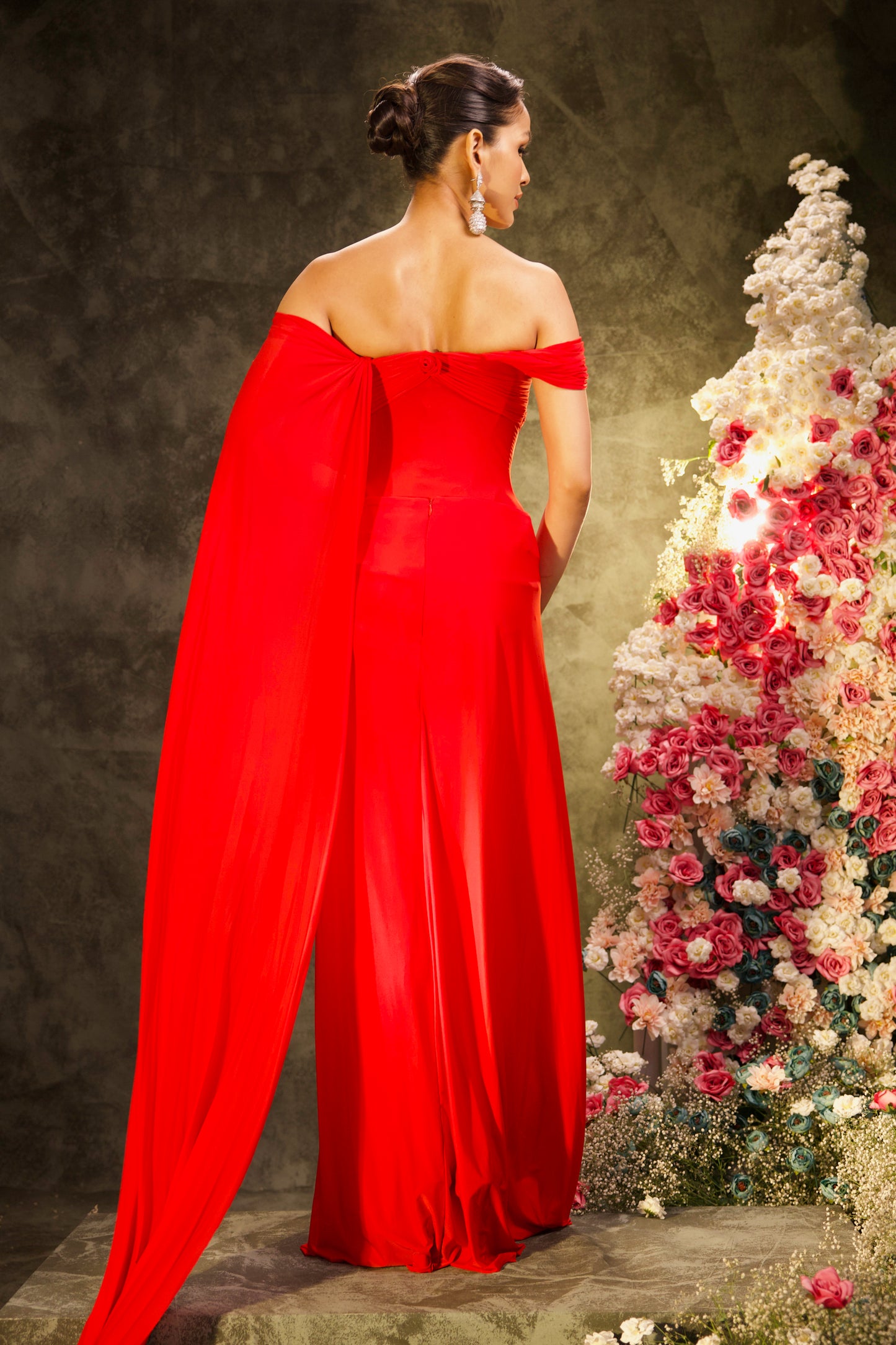 Crimson Corset Cape Sleeve Saree Set