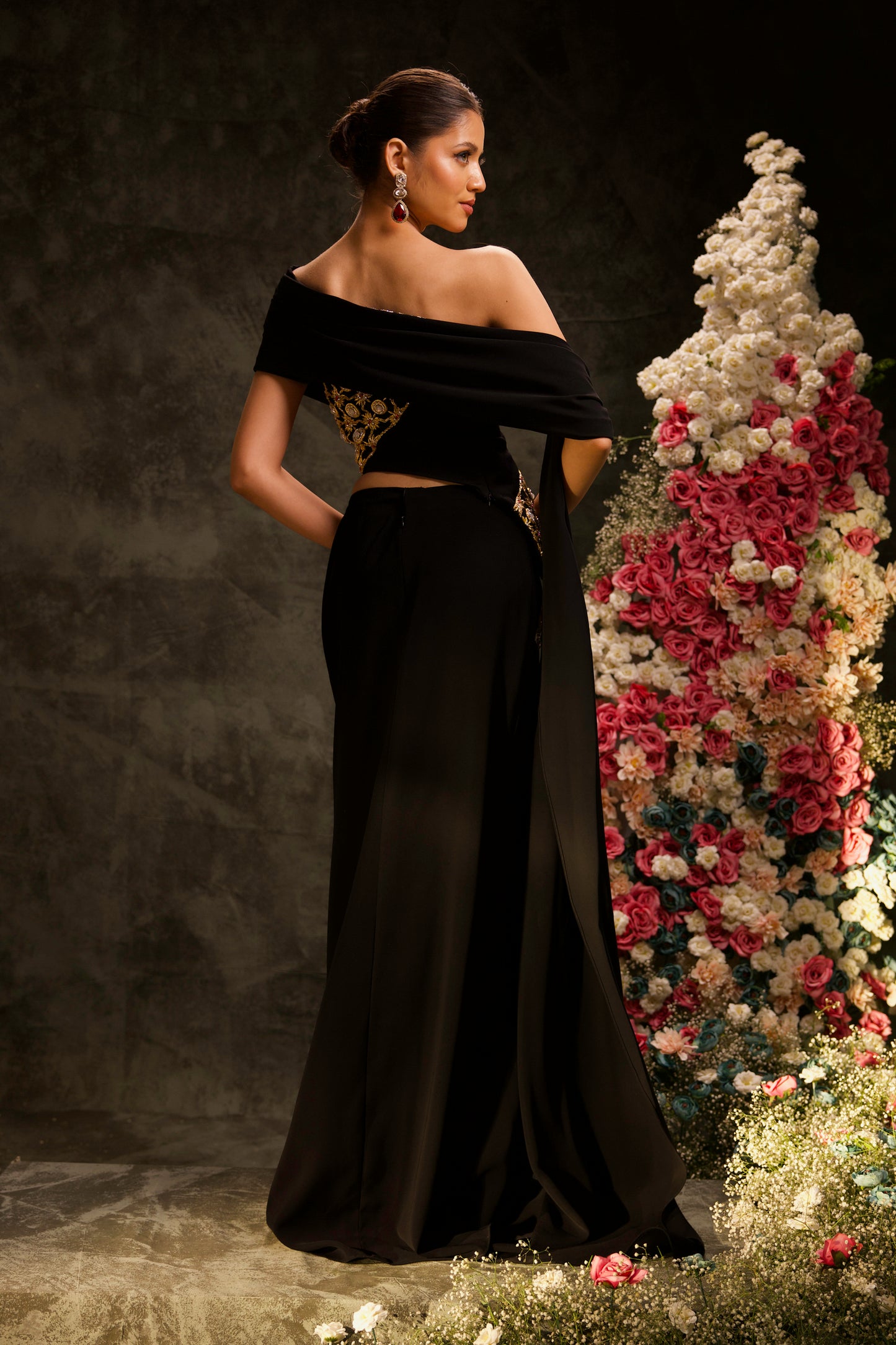 Black Draped Zari Blouse with Saree Skirt