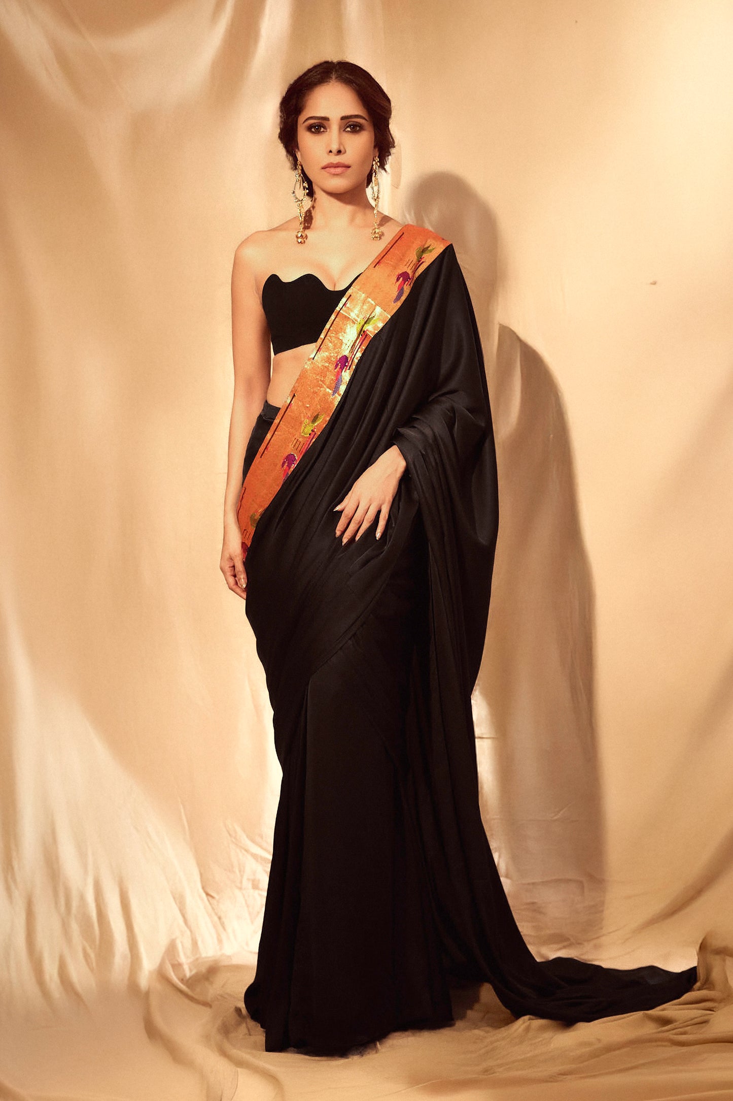 NUSHRRATT BHARUCCHA IN PAITHANI BLACK SATIN SILK PRE-STITCHED SAREE