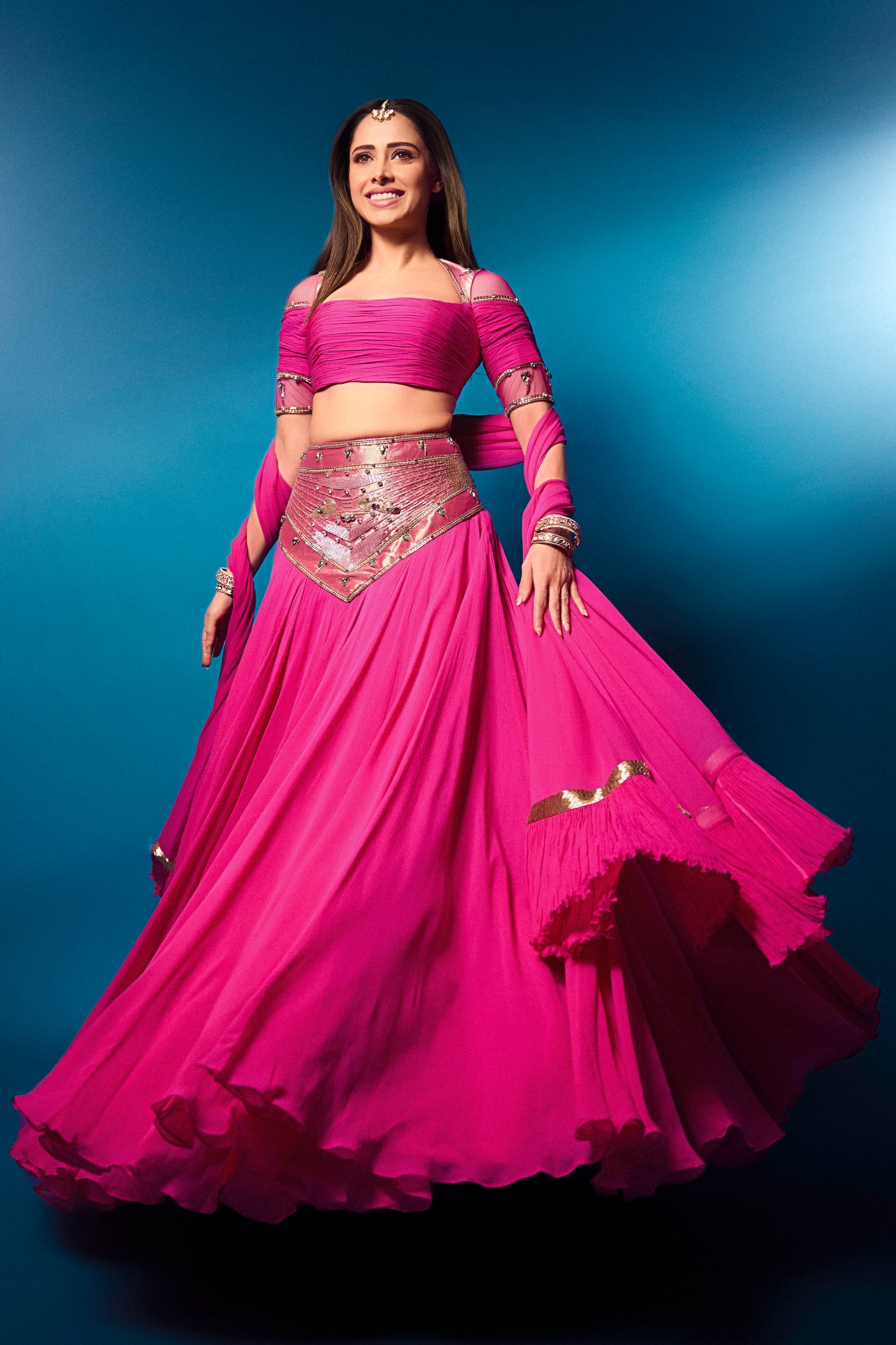 Nushrratt Bharuccha in our Hot Pink Paithani Lehenga