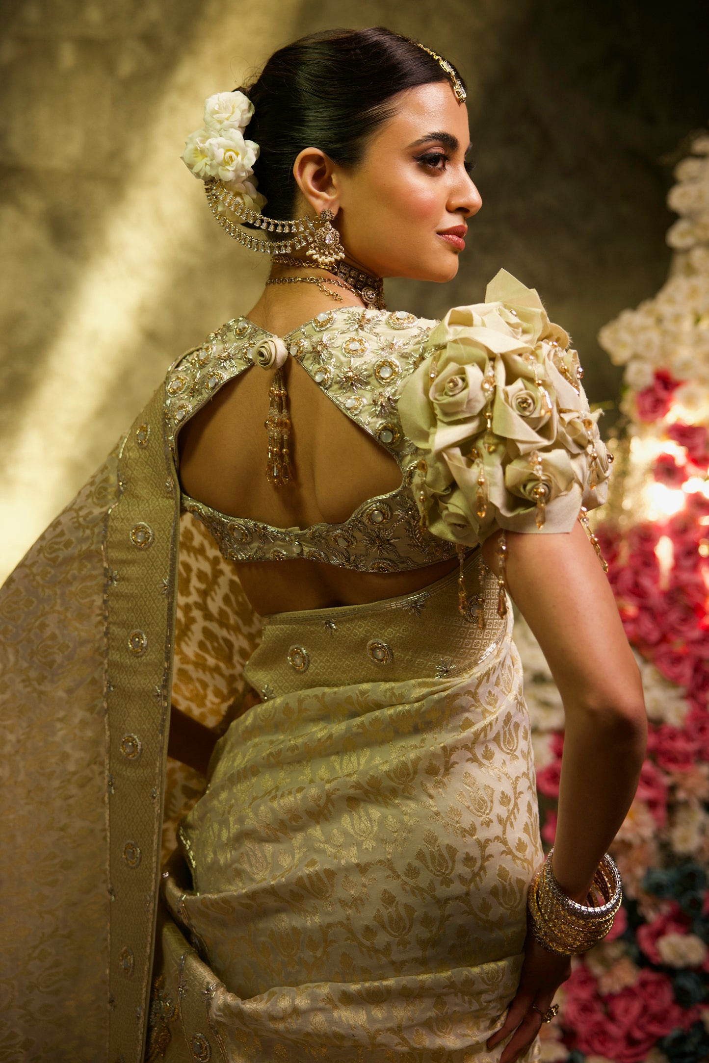 Champagne Rose Tissue Silk Embroidered Saree Lehenga