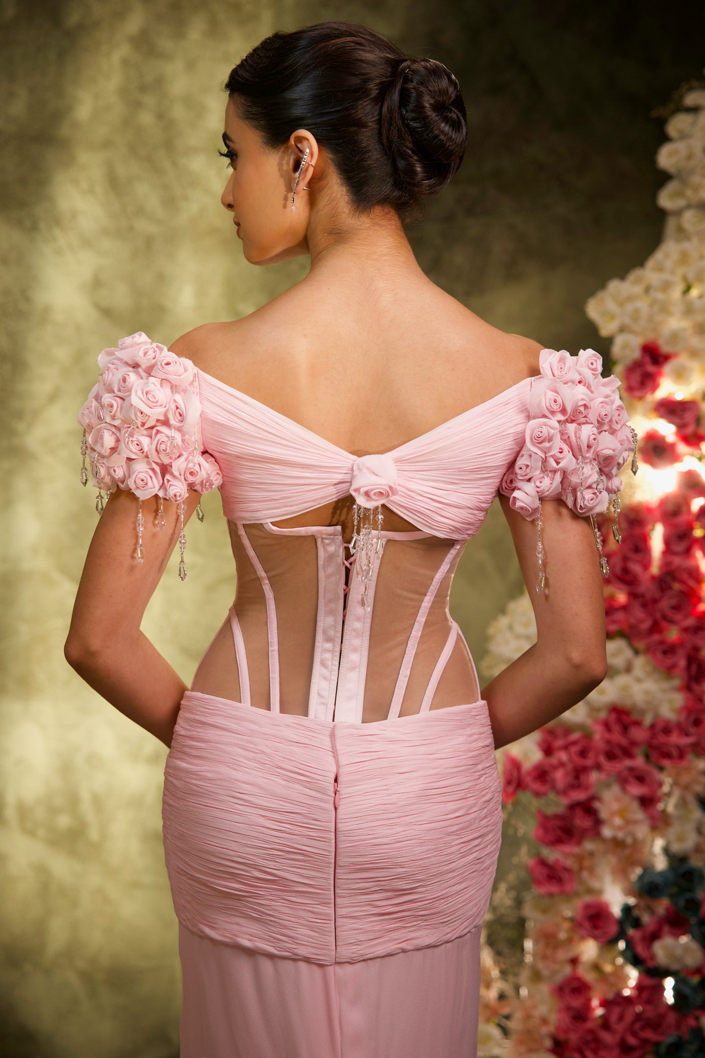 Baby Pink Draped Corset with Rose Sleeve Skirt Set