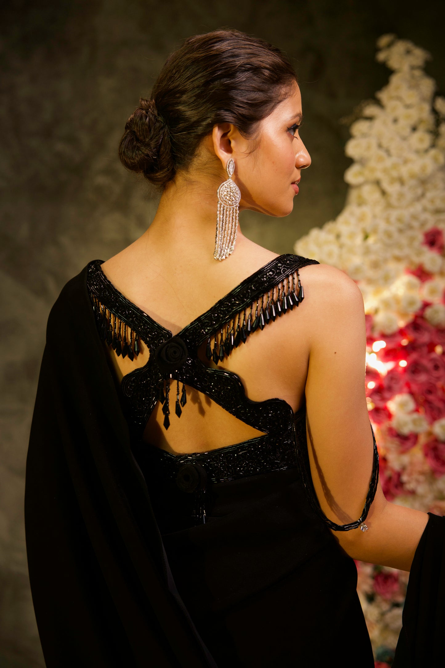 Black Deep-Neck Embroidered Blouse with Pre-Stitched Saree