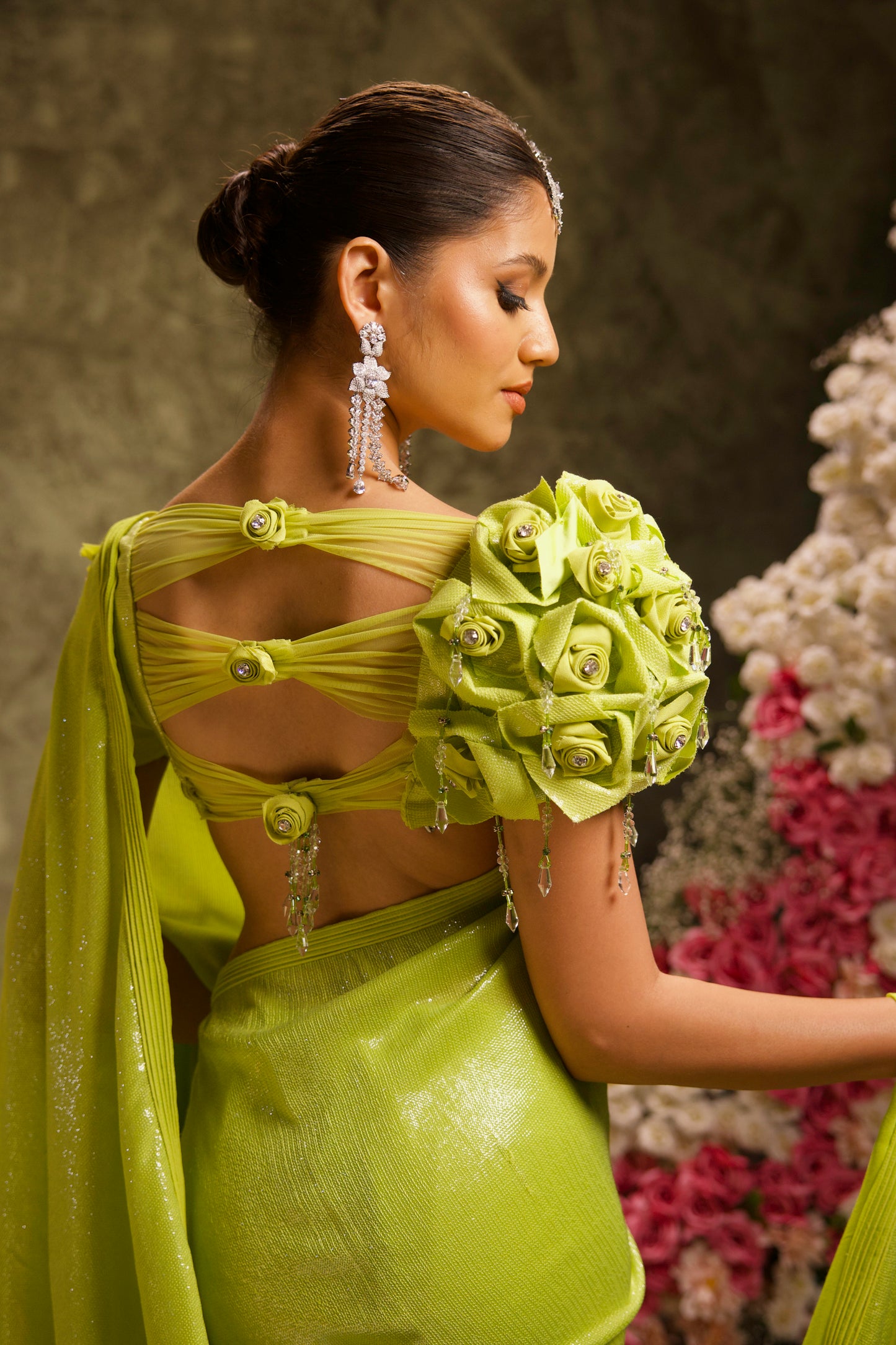 Lime Green Sequin Saree with Rose Puff-Sleeve Blouse