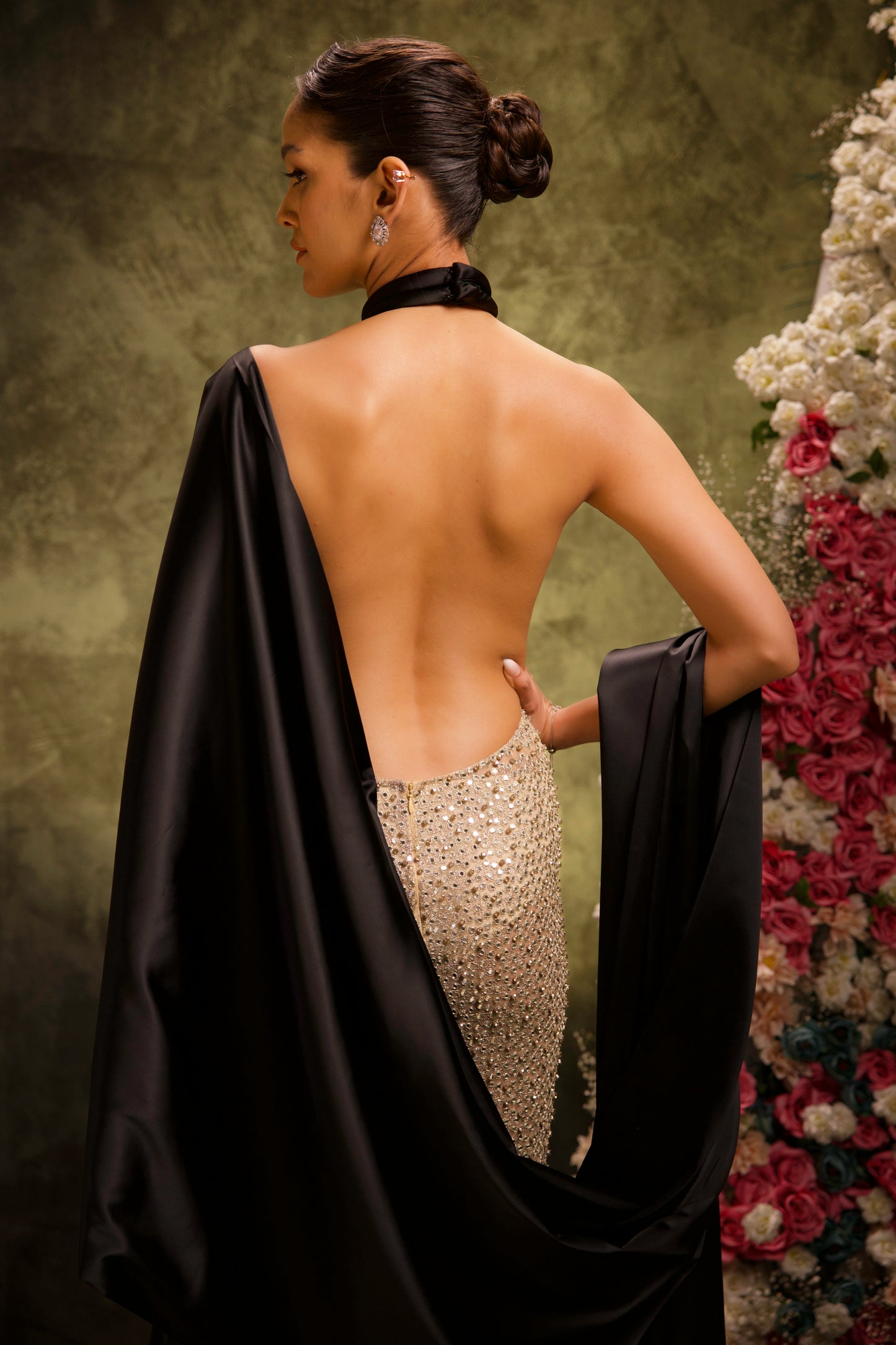 Champagne Mirrorwork Gown with Black Stole