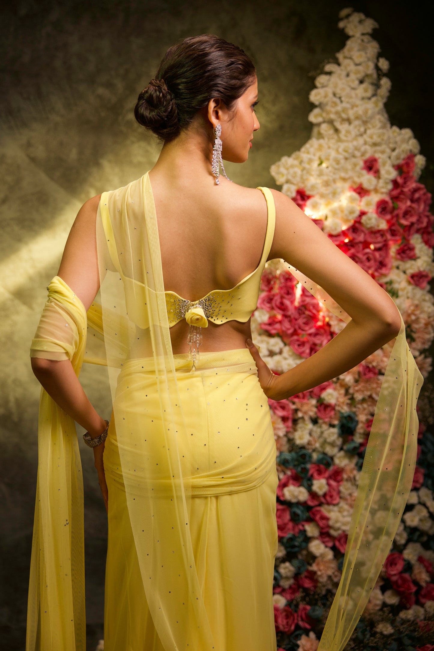 Butter Yellow Rhinestone Saree Set