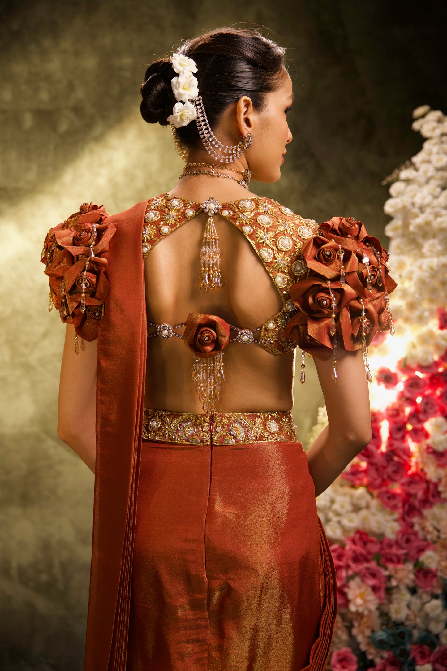 Mocha Rose Embroidered Tissue Silk Pre-Stitched Saree