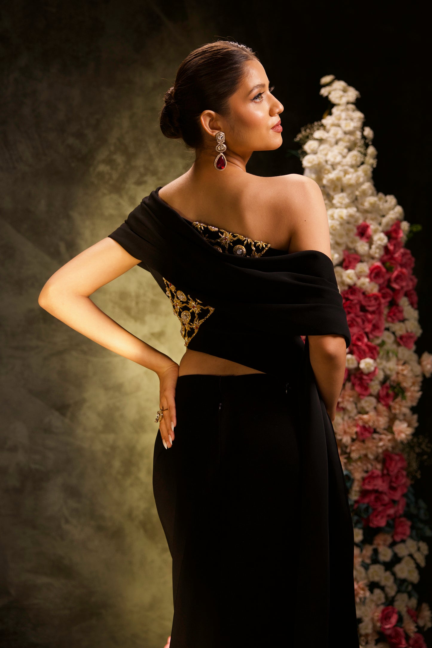Black Draped Zari Blouse with Saree Skirt
