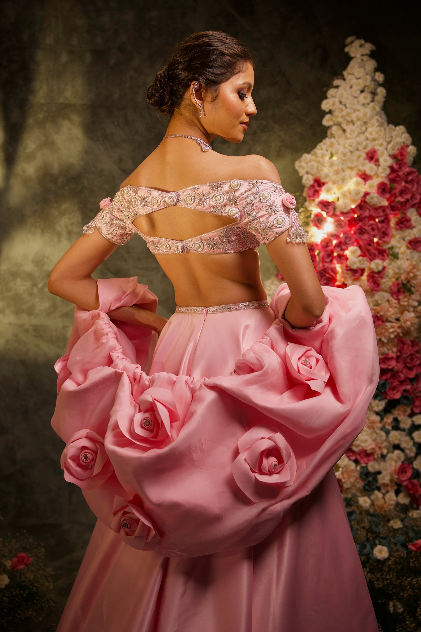 Baby Pink Satin Lehenga & Embroidered Blouse with Cloud Dupatta