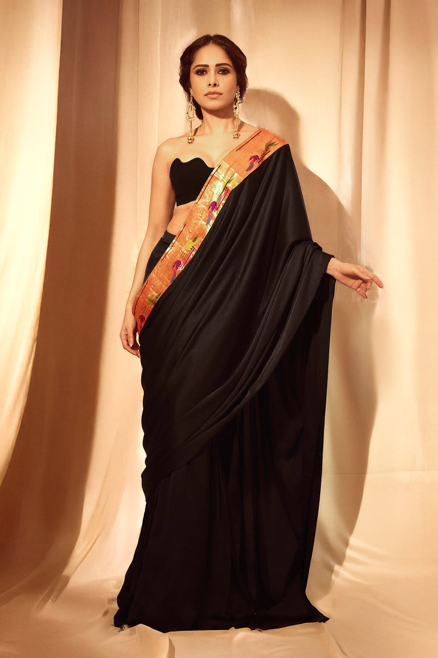 NUSHRRATT BHARUCCHA IN PAITHANI BLACK SATIN SILK PRE-STITCHED SAREE