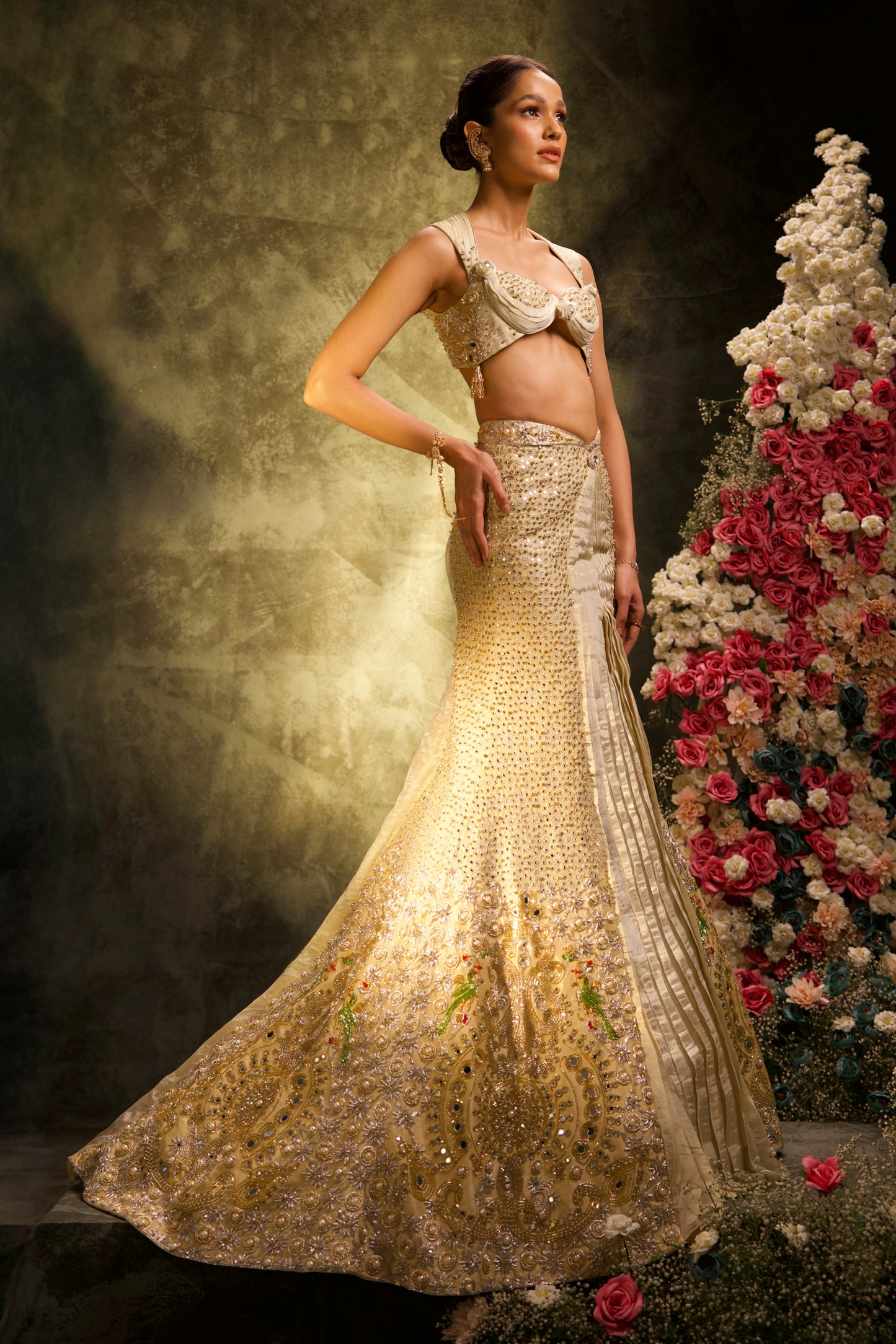 Champagne Embroidered Mermaid Lehenga Set