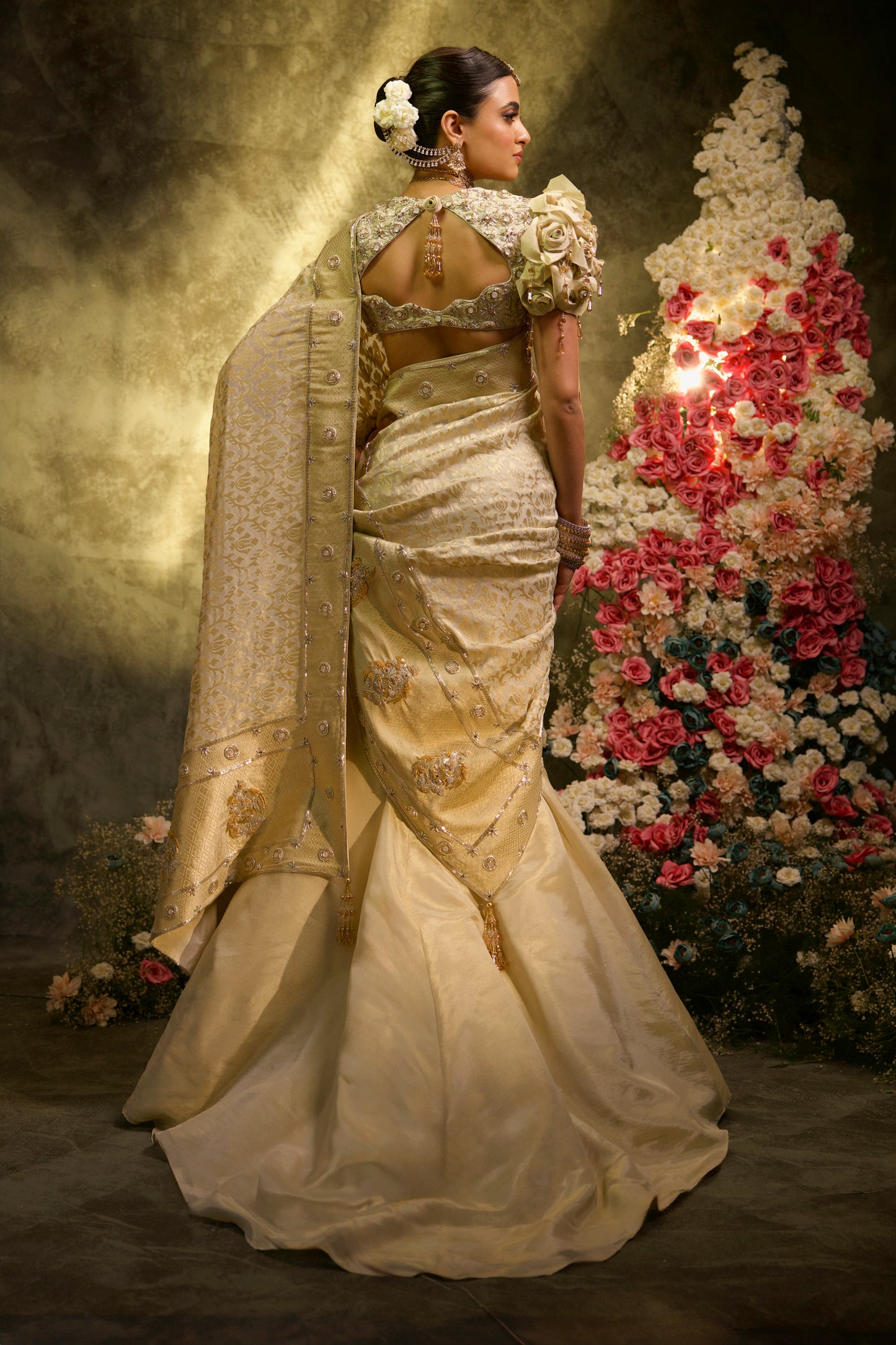 Champagne Rose Tissue Silk Embroidered Saree Lehenga