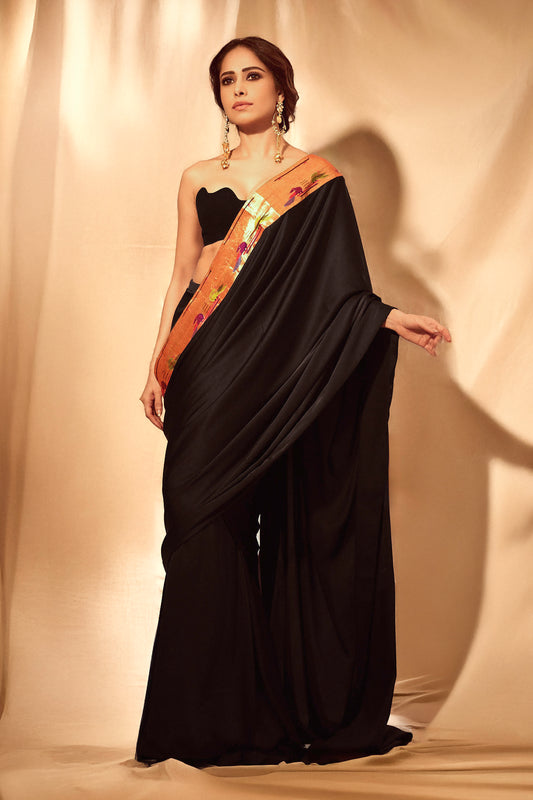 NUSHRRATT BHARUCCHA IN  PAITHANI BLACK SATIN SILK PRE-STITCHED SAREE