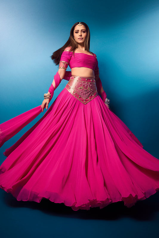 Nushrratt Bharuccha in our Hot Pink Paithani Lehenga