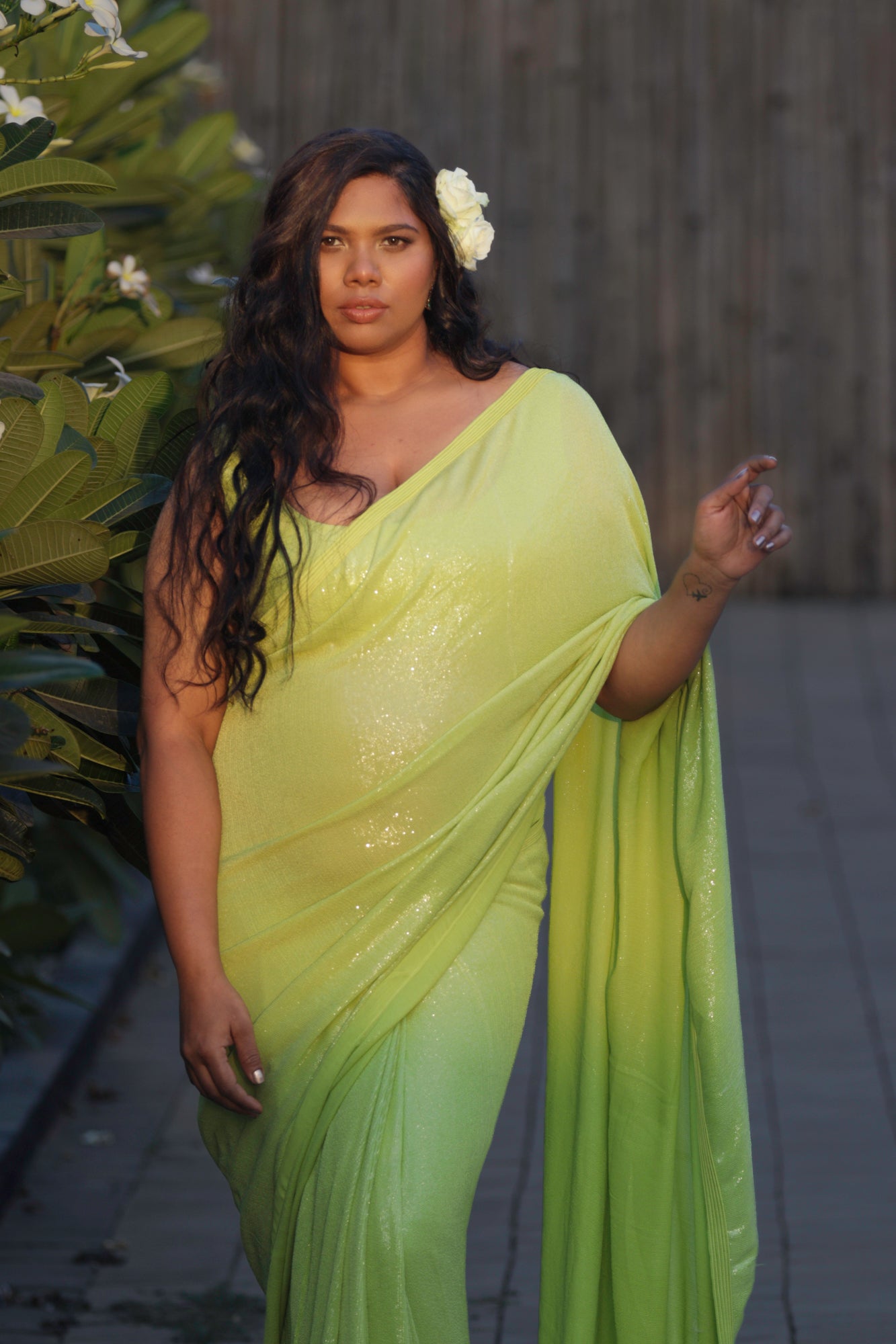 Lime Green Sequinned Saree