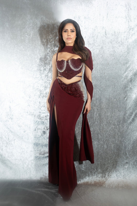 Nushrratt Bharuccha in our Burgundy Ombre Draped Gown