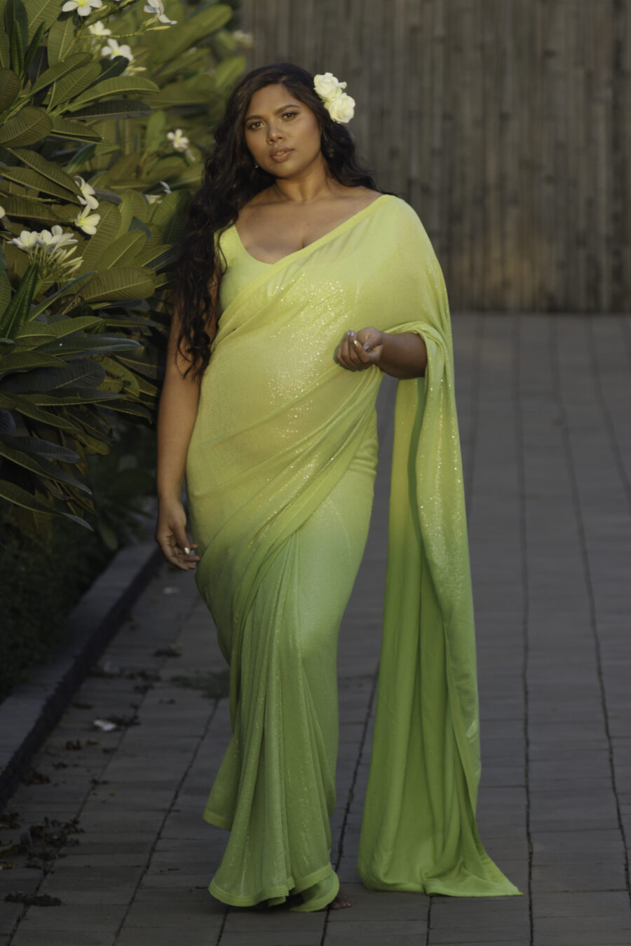 Lime Green Sequined Saree